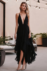 Schwarzes Chiffon Partykleid in A-Linie mit tiefem V-Ausschnitt